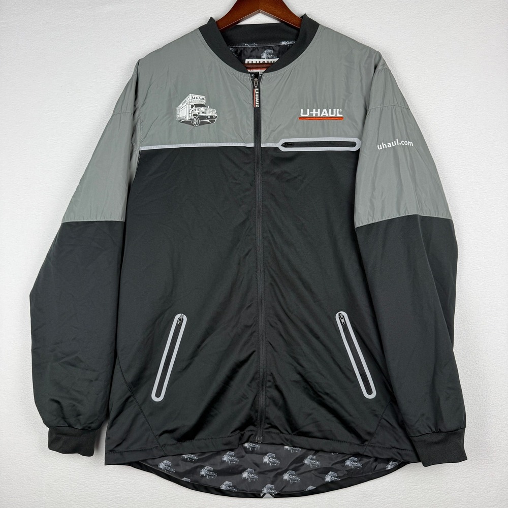 U-Haul Windbreaker Jacket Mens Large Gray Black Full Zip Embroidered Logo Truck